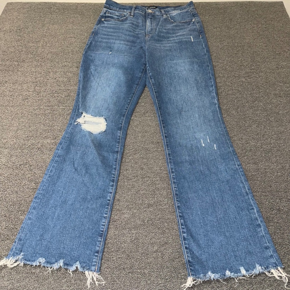 Express High Rise Bootcut Jeans Distressed Frayed Hem Blue Womens Size 8R Casual